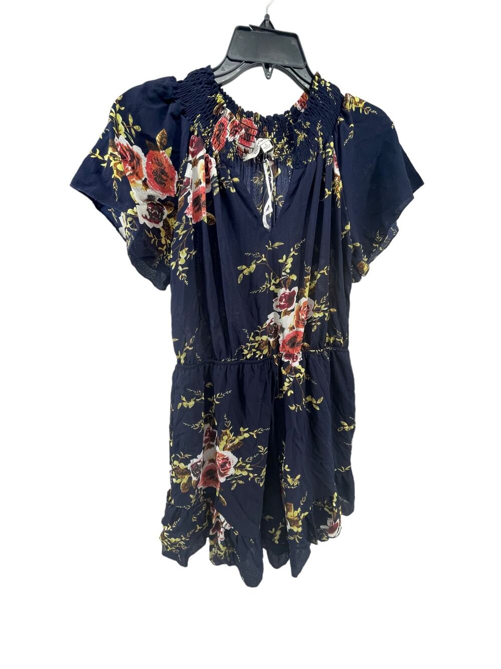 Davi & Dani Navy Blue FLoral Short Sleeve Smocked Romper Women's Size Small